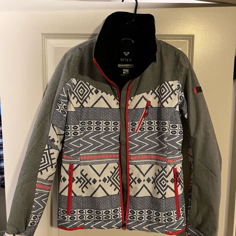 Roxy Gray and Red Patterned Ski Jacket- Women’s Medium-waterproof
